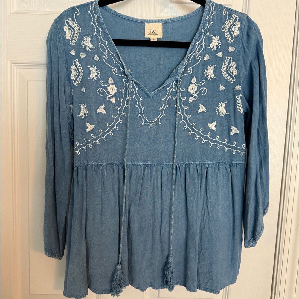 SM New York Denim Blue Embroidered Blouse